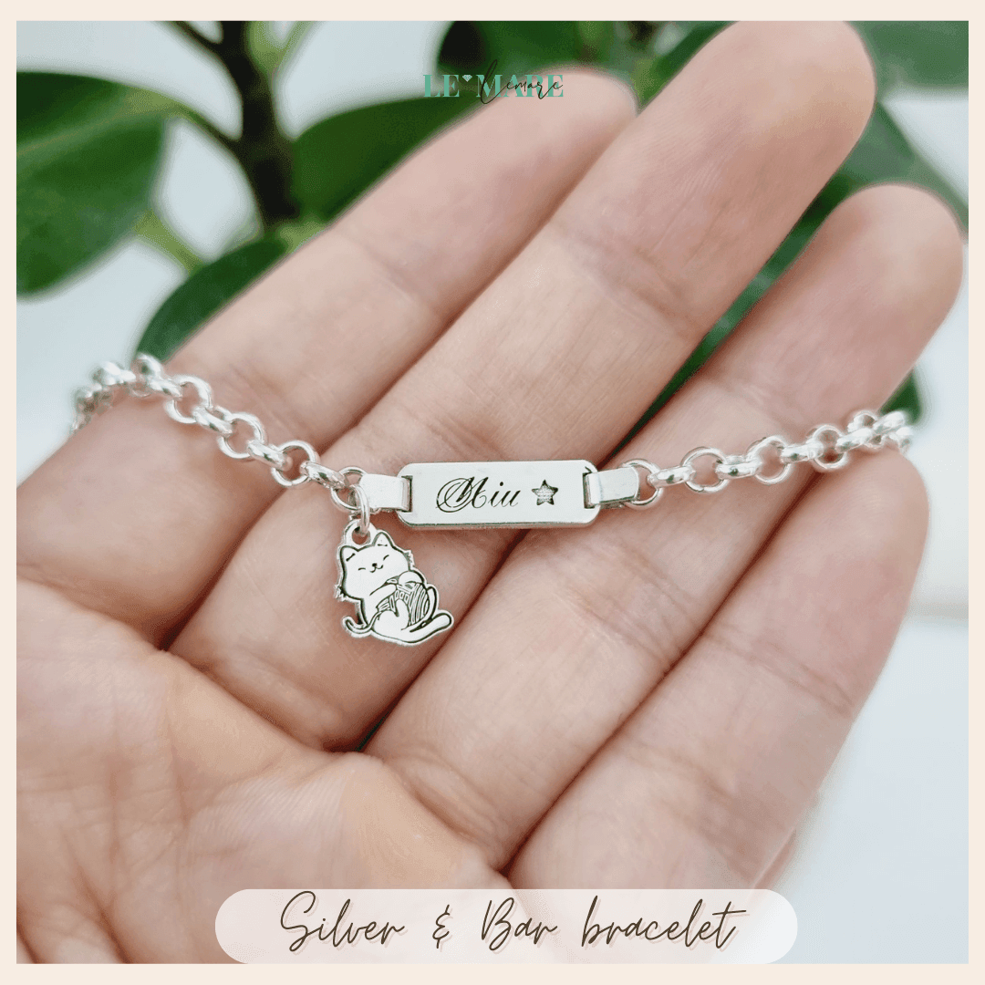 Lắc bạc khắc tên làm quà cho bé: Lắc mo BN04 mix charm mèo Le’Mare Jewelry Le'mare Jewelry LMJ