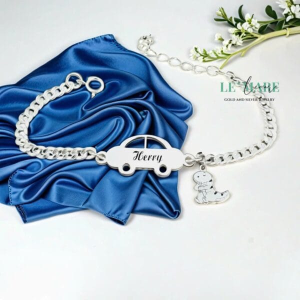 Lắc bạc ta dây dẹt mặt ôtô mix charm Rồng miễn phí khắc tên bé trai Le'Mare Jewelry